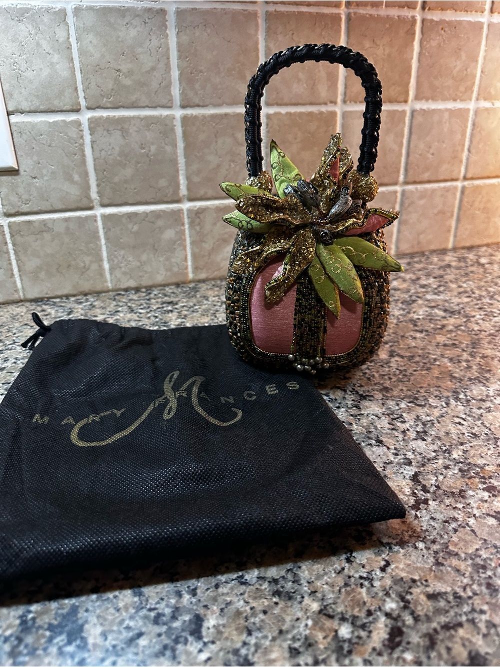 Retired Mary Frances Pink, Gold Flower Mini Purse +Beaded Flower & Handle